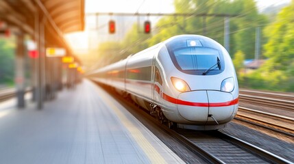 Fototapeta premium Modern HighSpeed Train Arriving City Station Sunrise Travel Transportation