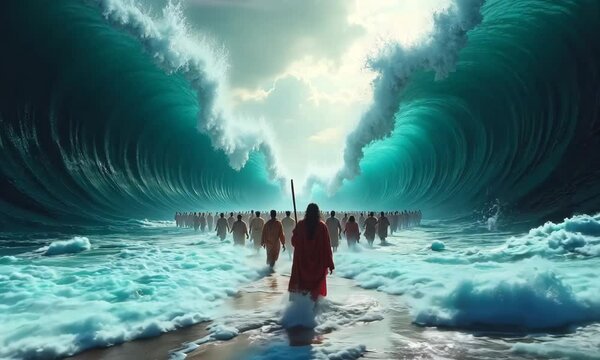 Parting of the Red Sea, Moses, wearing a red robe and holding a staff, leads the Israelites through the miraculously parted Red Sea, with towering waves on both sides.
