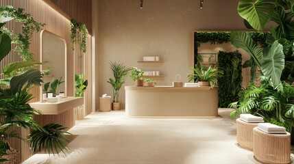 Modern Spa Interior with Natural Elements and Abundant Greenery