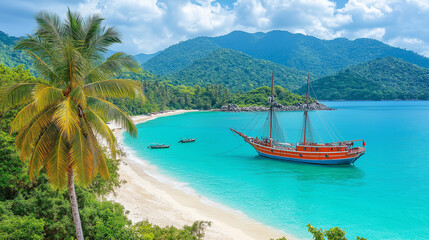 Obraz premium Tropical Beach Scene with Tall Ship and Palm Trees.