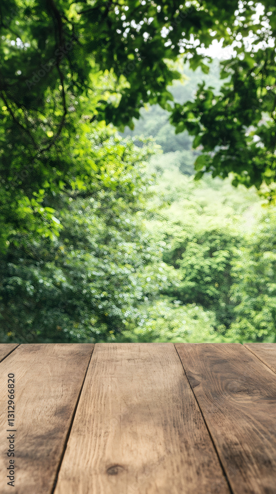 Aufkleber empty wooden table resting against a blurred green forest backdrop, creating an ideal setting for sh