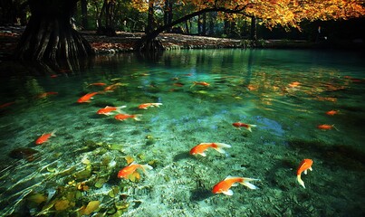 Orange Koi Fish Swimming in a Clear Pond Surrounded by Autumn Leaves