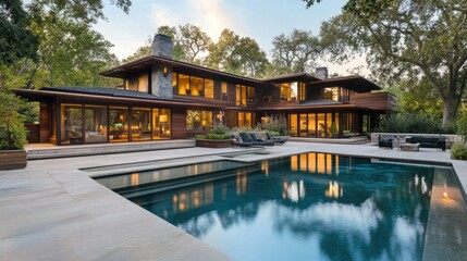 Obraz premium Luxury Modern Home with Pool and Garden at Dusk