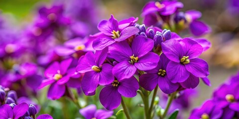 Vibrant purple alpine wallflower in full bloom, showcasing delicate petals and intricate details in the close-up shot, nature blooms, alpenrose