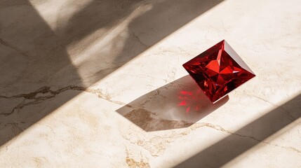 A stunning radiant-cut ruby positioned on a smooth white stone background.