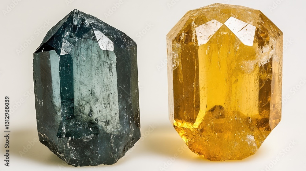 Poster before-and-after comparison of an uncut gemstone and its precisely faceted counterpart.