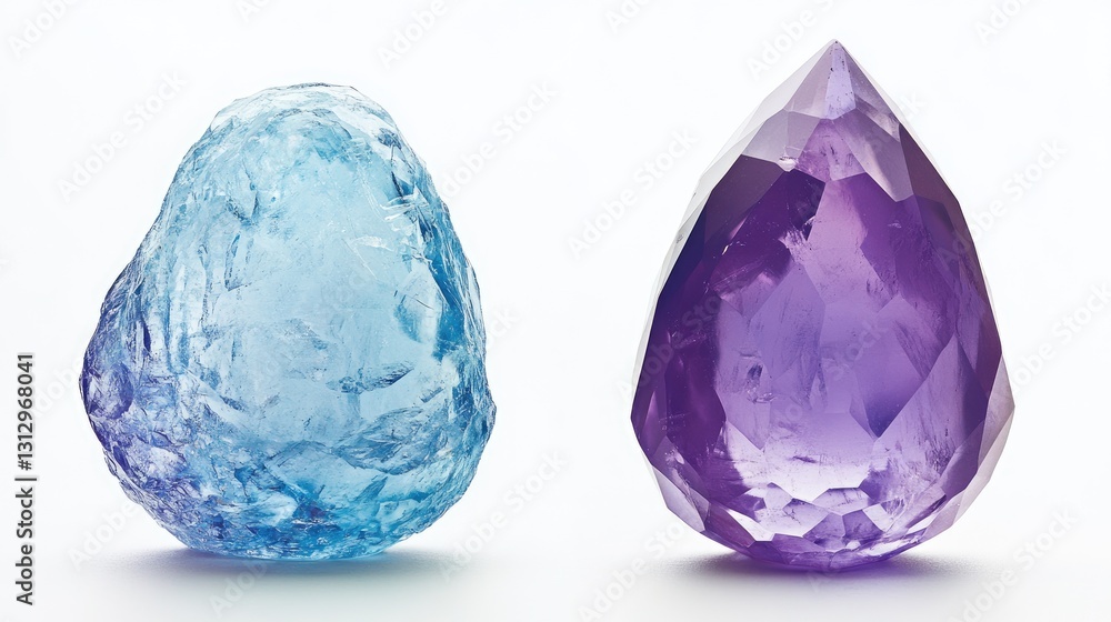Aufkleber before-and-after comparison of an uncut gemstone and its precisely faceted counterpart.