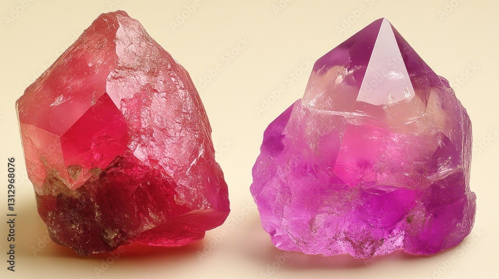 Poster before-and-after comparison of an uncut gemstone and its precisely faceted counterpart.