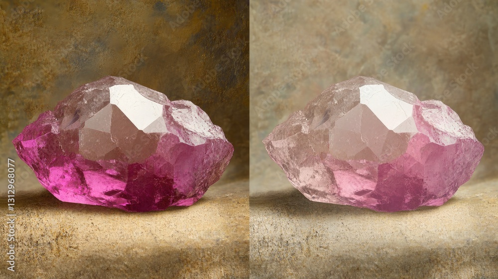 Poster before-and-after comparison of an uncut gemstone and its precisely faceted counterpart.