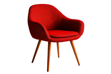Modern red chair with wooden legs isolated on transparent background