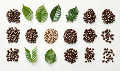 Green and Roasted Coffee Beans and Leaves on White Background
