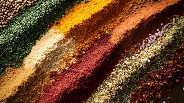 A Culinary Symphony of Spices: A vibrant tapestry of aromatic spices and herbs unfolds, displaying the rich palette of culinary flavors and fragrances.