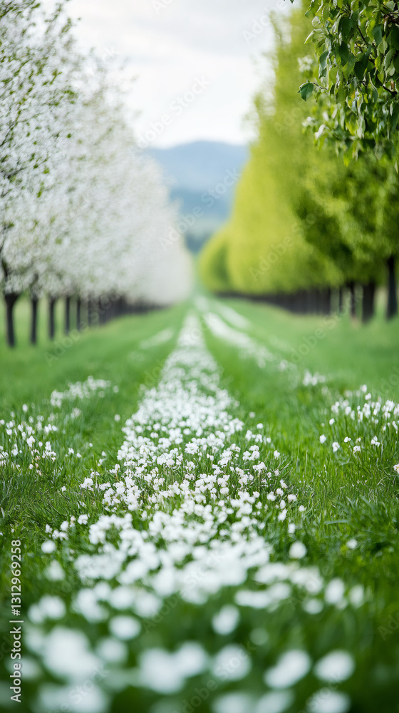 Aufkleber white flowers are growing in the grass between rows of trees in an orchard during springtime