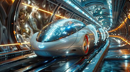 A futuristic vehicle gliding through a high-tech tunnel, showcasing advanced design and technology.