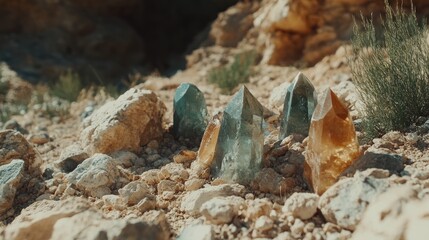 Close-up of an assortment of freshly mined uncut gemstones on rocky ground.