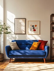 Professional image of blue 2-seat sofa in room beside brown wooden shelf