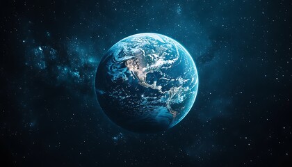 A detailed image depicts planet earth surrounded by starry space