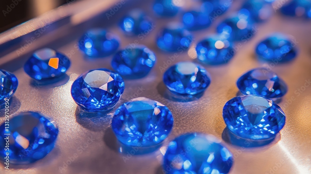 Poster close-up of a gemstone store counter with loose diamonds and sapphires on display.