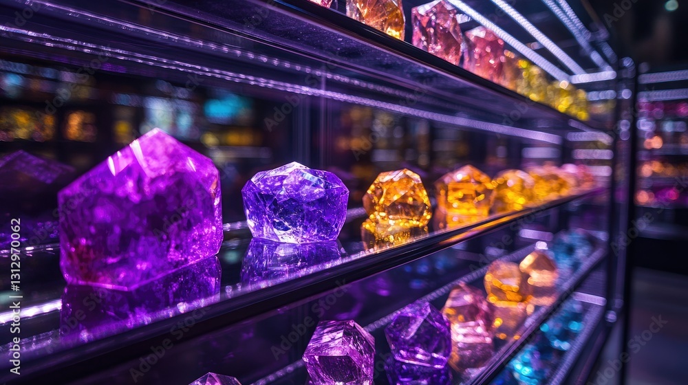 Poster close-up of a gemstone store counter with loose diamonds and sapphires on display.