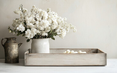White Flowers in Rustic Tray Still Life