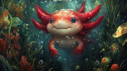 Axolotl swimming underwater plants.