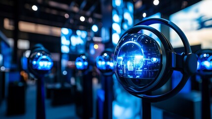 Futuristic Blue Technology Globes Digital Display Innovation Modern Conference Presentation Sphere Screens Advanced Technology Exhibit Interactive    