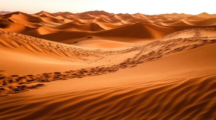 Footprints meander sandy dunes, distant mountains visible in the desert landscape during late day golden hour light