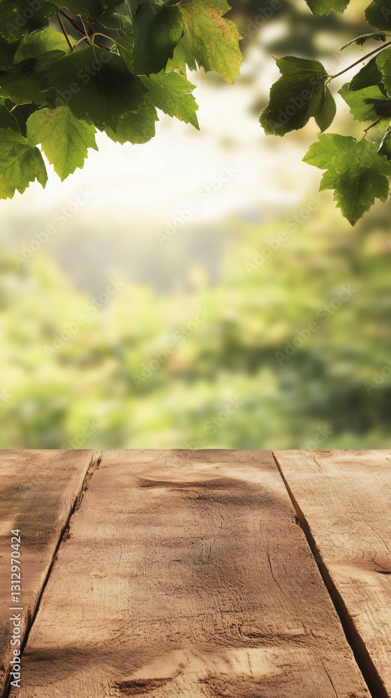 Poster natural wooden surface featuring soft green foliage blur and luminous bokeh background