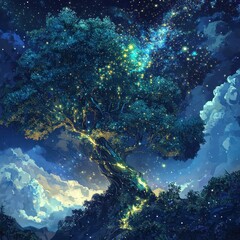 Obraz premium A majestic tree radiates with vibrant starlight in the night sky