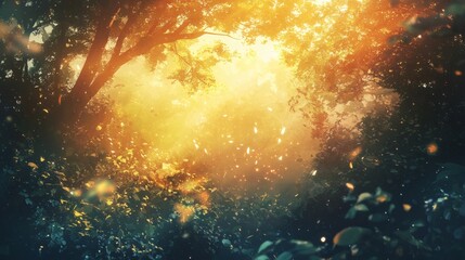 Enchanted Forest with Sunlight Filtering Through Dense Foliage