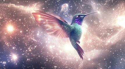 Obraz premium A Colorful Hummingbird Flying Through a Sparkling Space Nebula