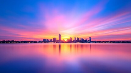 Naklejka premium City skyline reflects into the calm water during the sunset