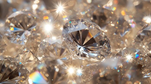 Close-up of diamond facets reflecting light prisms, creating a dazzling effect.