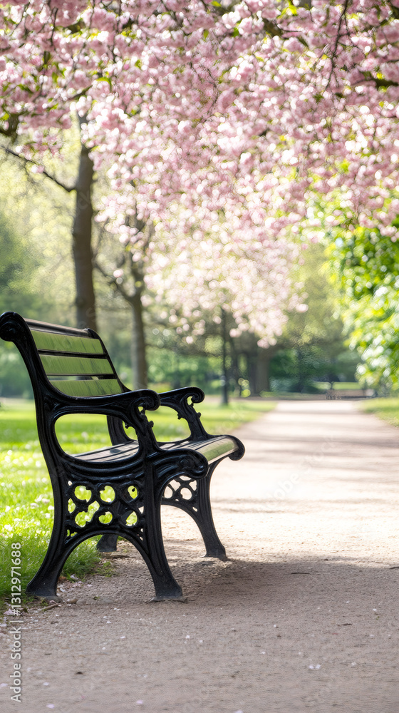 Aufkleber metal bench placed at the side of a path in a park with blooming cherry trees during a sunny spring 