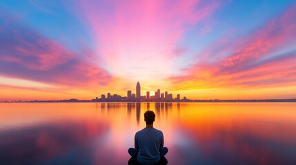 Fototapeta premium Person meditating while looking at city during beautiful sunset