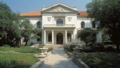 White Classical Villa with Lush Gardens on a Sunny Day