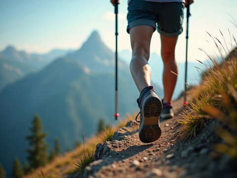 A woman is hiking up a mountain trail with her poles and wearing blue socks