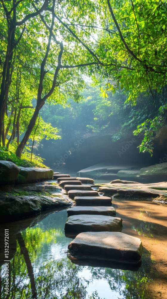 Poster sunlight streaming through forest canopy, casting golden rays on stepping stones crossing tranquil w
