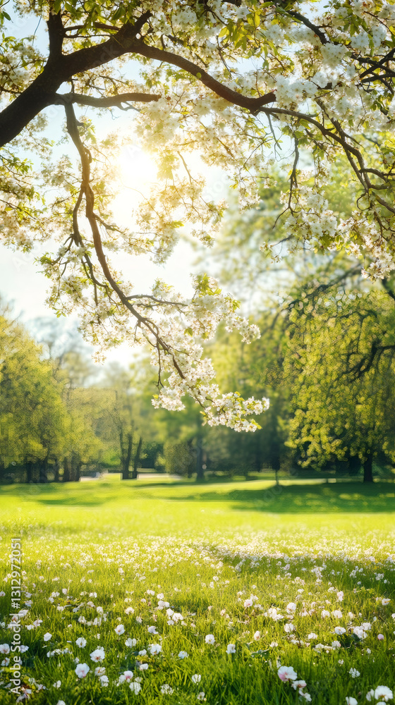 Leinwandbilder sunlight filtering through white flowers of a blooming tree in a park during springtime, creating a 