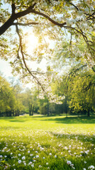 Sunlight filtering through white flowers of a blooming tree in a park during springtime, creating a peaceful and idyllic scene