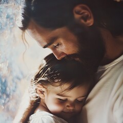 Jesus Christ gently holding a child in a loving embrace, symbolizing care and guidance, or a touching scene of a father and son bonding.

