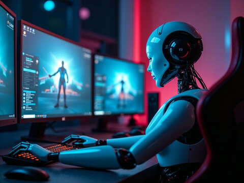 A robot is sitting in front of a computer monitor with a keyboard and mouse