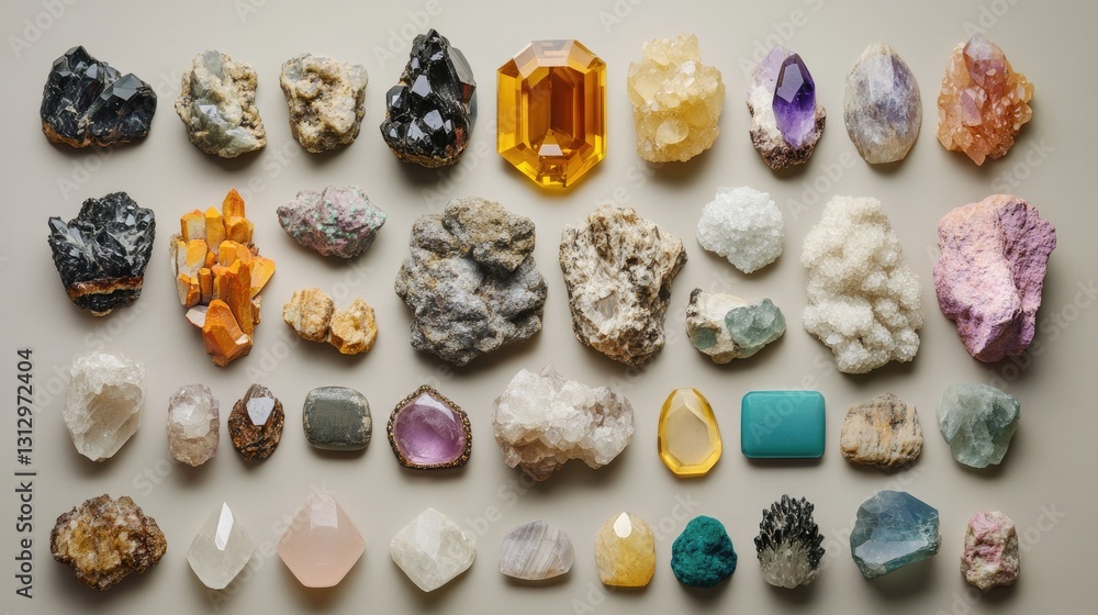Poster collection of birthstones arranged in a grid pattern on a neutral background.