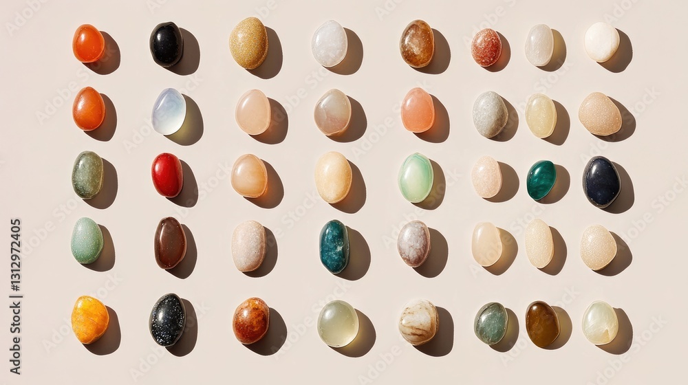 Poster collection of birthstones arranged in a grid pattern on a neutral background.