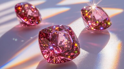 Collection of cushion-cut rubies reflecting multicolored light beams.