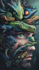 A human portrait incorporates reptilian features and fantastical creatures