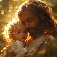 Jesus Christ gently holding a child in a loving embrace, symbolizing care and guidance, or a touching scene of a father and son bonding.

