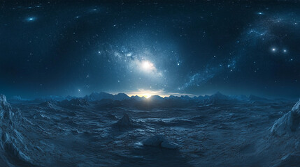 Stunning alien planet landscape with majestic mountains and starry night sky art.