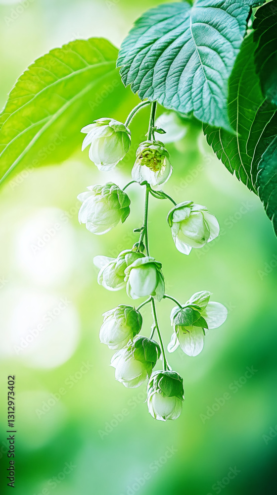 Aufkleber Close-up of a cluster of small white flowers hanging from a branch, creating a delicate and natural scene