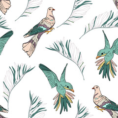 Vintage-inspired seamless bird illustration with floral details. Exotic bird print with detailed botanical accents on a light background